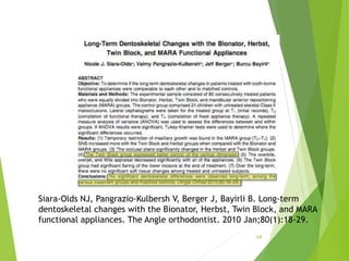 168
Siara-Olds NJ, Pangrazio-Kulbersh V, Berger J, Bayirli B. Long-term
dentoskeletal changes with the Bionator, Herbst, Twin Block, and MARA
functional appliances. The Angle orthodontist. 2010 Jan;80(1):18-29.
 
