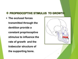  The occlusal forces
transmitted through the
dentition provide a
constant proprioceptive
stimulus to influence the
rate of growth and the
trabecular structure of
the supporting bone.
8
 PROPRIOCEPTIVE STIMULUS TO GROWTH:
 