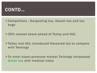  Competitors : Dargeeling tea, Assam tea and tea
bags
 35% market share ahead of Tetley and HUL
 Tetley and HUL introduced flavoured tea to compete
with Twinings
 To enter super-premium market Twinings introduced
Green tea with medical value
CONTD…
 