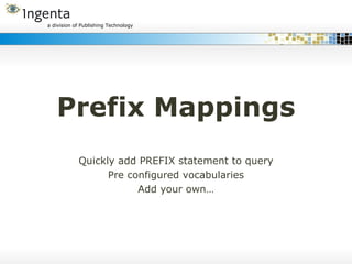 Prefix Mappings Quickly add PREFIX statement to query Pre configured vocabularies Add your own… 