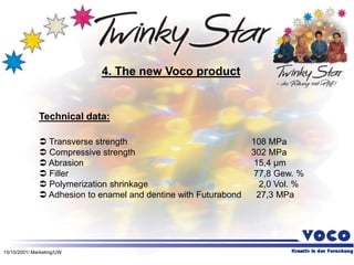 15/10/2001/ Marketing/UW
Technical data:
 Transverse strength 108 MPa
 Compressive strength 302 MPa
 Abrasion 15,4 µm
 Filler 77,8 Gew. %
 Polymerization shrinkage 2,0 Vol. %
 Adhesion to enamel and dentine with Futurabond 27,3 MPa
4. The new Voco product
 