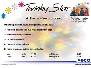 15/10/2001/ Marketing/UW
Offering advantages compared with DMG:
 handling advantages due to application in caps
 better material properties
 no material waste
 more attractive colours
 more favourable prices per application
Voco: set: €1,15 refill pack: €
1,21
DMG: set: €2,12 refill pack: €
2,12
4. The new Voco product
 