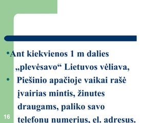 Ant kiekvienos 1 m dalies  „ plevėsavo“ Lietuvos vėliava, P iešinio apačioje vaikai rašė  įvairias mintis, žinutes  draugams, paliko savo  telefonų numerius, el. adresus.  