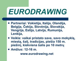 E URODRAWING Partneriai: Vok i etija, Italija,  Olandija,  Belgija, Čekija, Slovėnija,  Slovakija,  Vengrija,  Estija,  Latvija,  Rumunija, Lenkija,  Veikla: vaikai pristato save, savo mokyklą, miestą, šalį, tradicijas,  pie šia  150 m. pie š in į, kiekviena šalis po  10 metr ų Amžius: 12-1 6  m. www.eurodrawing.net 