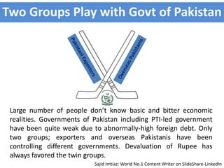 Large number of people don’t know basic and bitter economic
realities. Governments of Pakistan including PTI-led government
have been quite weak due to abnormally-high foreign debt. Only
two groups; exporters and overseas Pakistanis have been
controlling different governments. Devaluation of Rupee has
always favored the twin groups.
Sajid Imtiaz: World No.1 Content Writer on SlideShare-LinkedIn
Two Groups Play with Govt of Pakistan
 