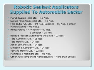 Robotic Sealant Applicators Supplied To Automobile Sector Maruti Suzuki India Ltd. – 15 Nos. Suzuki Powertrain India Ltd. – 10 Nos. Ford India Pvt. Ltd. – 09 Nos.(Supplied – 06 Nos. & Under Manufacturing – 03 Nos.)  Honda Group – 4 Wheeler – 02 Nos. 2 Wheeler – 05 Nos. Renault –Nissan Automotive India Ltd – 03 Nos. Tata Cummins Ltd. – 05 Nos. Tata Motors Ltd. – 04 Nos. Ashok Leyland Ltd. – 04 Nos. Simpson & Company Ltd. – 04 Nos. Yamaha Motors Ltd. – 02 Nos. Mahindra & Mahindra Ltd. – 03 Nos. Other Auto component Manufacturers – More than 20 Nos. 