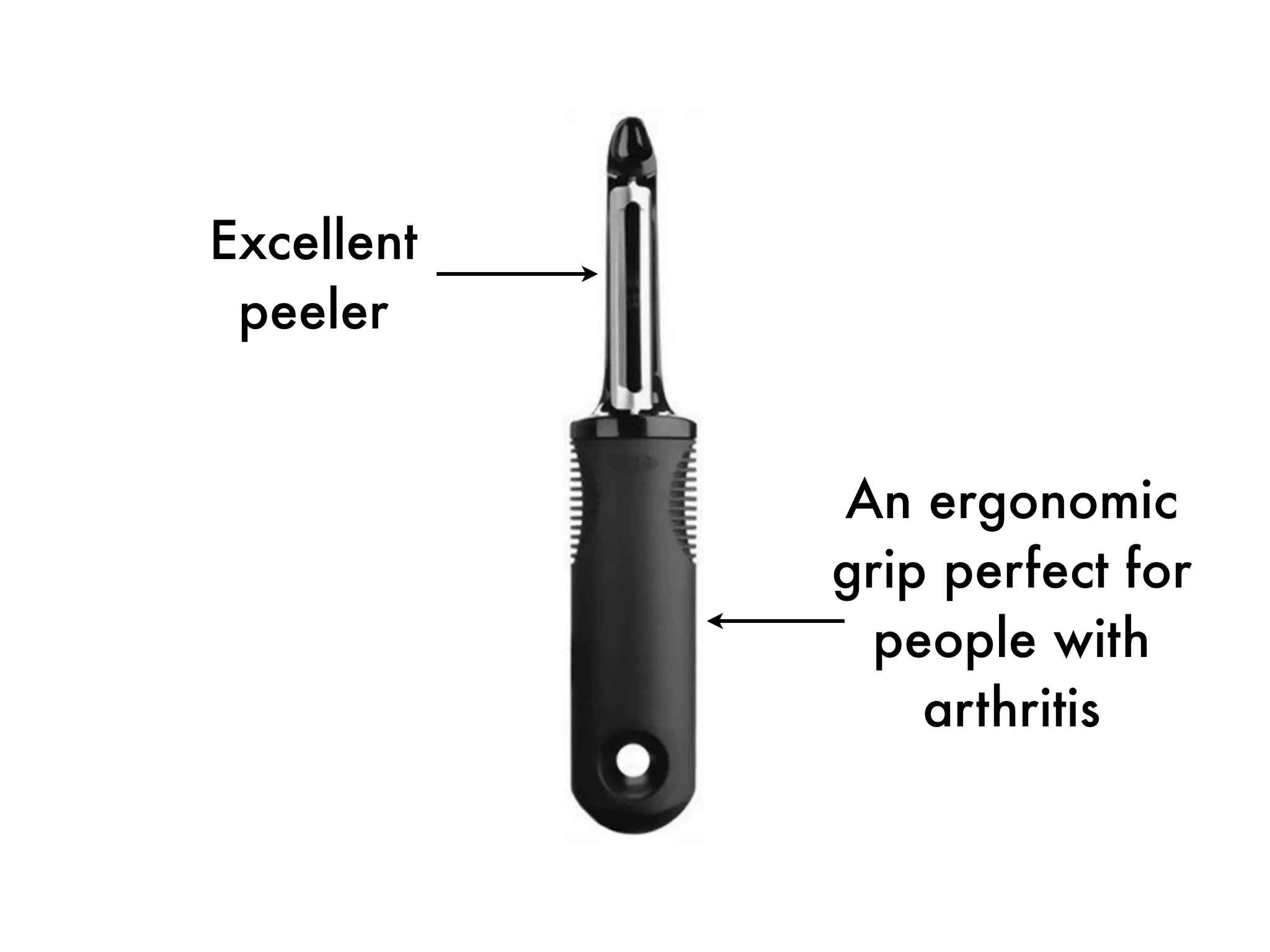 Excellent
 peeler


            An ergonomic
            grip perfect for
             people with
                arthritis
 