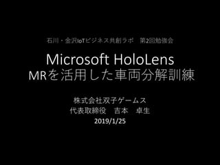 石川・金沢IoTビジネス共創ラボ 第2回勉強会
Microsoft HoloLens
MRを活用した車両分解訓練
株式会社双子ゲームス
代表取締役 吉本 卓生
2019/1/25
 
