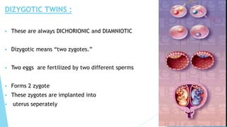 DIZYGOTIC TWINS :
These are always DICHORIONIC and DIAMNIOTIC
Dizygotic means “two zygotes.”
Two eggs are fertilized by two different sperms
Forms 2 zygote
These zygotes are implanted into
uterus seperately