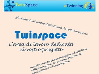 Twinspace
L’area di lavoro dedicata
al vostro progetto
uno strumento che incoraggia e facilita la
collaborazione, la comunicazione, la
ondivisione e l interazione
‟
gli studenti al centro dell’attività di collaborazione.
 