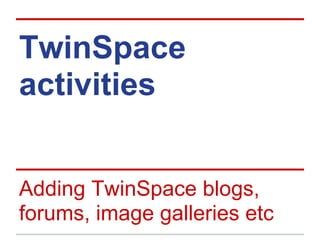 TwinSpace
activities
Adding TwinSpace blogs,
forums, image galleries etc
 