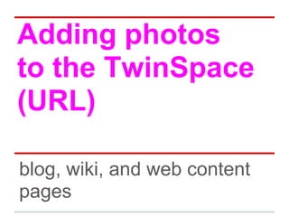 Adding photos
to the TwinSpace
(URL)
blog, wiki, and web content
pages
 