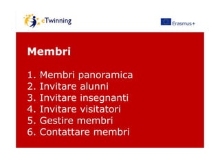 Membri
1. Membri panoramica1. Membri panoramica
2. Invitare alunni
3. Invitare insegnanti
4. Invitare visitatori
5. Gestire membri
6. Contattare membri
 