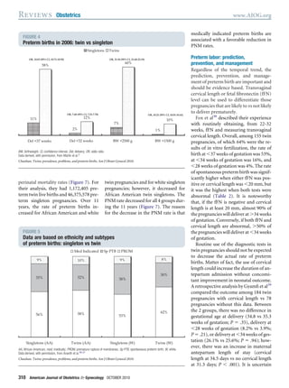 perinatal mortality rates (Figure 7). For
their analysis, they had 1,172,405 pre-
term twin live births and 46,375,578 pre-
term singleton pregnancies. Over 11
years, the rate of preterm births in-
creased for African American and white
twin pregnancies and for white singleton
pregnancies; however, it decreased for
African American twin singletons. The
PNM rate decreased for all 4 groups dur-
ing the 11 years (Figure 7). The reason
for the decrease in the PNM rate is that
medically indicated preterm births are
associated with a favorable reduction in
PNM rates.
Preterm labor: prediction,
prevention, and management
Regardless of the temporal trend, the
prediction, prevention, and manage-
ment of preterm birth are important and
should be evidence based. Transvaginal
cervical length or fetal ﬁbronectin (fFN)
level can be used to differentiate those
pregnancies that are likely to vs not likely
to deliver prematurely.
Fox et al38
described their experience
with routinely obtaining, from 22-32
weeks, fFN and measuring transvaginal
cervical length. Overall, among 155 twin
pregnancies, of which 64% were the re-
sults of in vitro fertilization, the rate of
birth at Ͻ37 weeks of gestation was 53%,
at Ͻ34 weeks of gestation was 16%, and
Ͻ28 weeks of gestation was 4%. The rate
of spontaneous preterm birth was signif-
icantly higher when either fFN was pos-
itive or cervical length was Ͻ20 mm, but
it was the highest when both tests were
abnormal (Table 2). It is noteworthy
that, if the fFN is negative and cervical
length is at least 20 mm, almost 90% of
the pregnancies will deliver at Ͼ34 weeks
of gestation. Conversely, if both fFN and
cervical length are abnormal, Ͼ50% of
the pregnancies will deliver at Ͻ34 weeks
of gestation.
Routine use of the diagnostic tests in
twin pregnancies should not be expected
to decrease the actual rate of preterm
births. Matter of fact, the use of cervical
length could increase the duration of an-
tepartum admission without concomi-
tant improvement in neonatal outcome.
A retrospective analysis by Gyamﬁ et al39
compared the outcome among 184 twin
pregnancies with cervical length vs 78
pregnancies without this data. Between
the 2 groups, there was no difference in
gestational age at delivery (34.8 vs 35.3
weeks of gestation; P ϭ .35), delivery at
Ͻ28 weeks of gestation (8.2% vs 3.9%;
P ϭ .21), or delivery at Ͻ34 weeks of ges-
tation (26.1% vs 25.6%; P ϭ .94); how-
ever, there was an increase in maternal
antepartum length of stay (cervical
length at 34.5 days vs no cervical length
at 31.3 days; P Ͻ .001). It is uncertain
FIGURE 4
Preterm births in 2006: twin vs singleton
11%
2%
7%
1%
58%
12%
60%
10%
Del <37 weeks
Singletons Twins
OR, 7.68 (95% CI, 7.51-7.78)
OR, 21.94 (95% CI, 21.68-22.19)
OR, 10.21 (95% CI, 10.01-10.41)
OR, 10.83 (95% CI, 10.71-10.95)
Del <32 weeks BW <2500 g BW <1500 g
BW, birthweight; CI, conﬁdence interval; Del, delivery; OR, odds ratio.
Data derived, with permission, from Martin et al.2
Chauhan. Twins: prevalence, problems, and preterm births. Am J Obstet Gynecol 2010.
FIGURE 5
Data are based on ethnicity and subtypes
of preterm births: singleton vs twin
56% 58% 53%
62%
35% 32% 38%
30%
9% 10% 9% 8%
Singletons (AA) Twins (AA) Singletons (W) Twins (W)
Med Indicated Sp PTB PROM
AA, African American; med, medically; PROM, premature rupture of membranes; Sp PTB, spontaneous preterm birth; W, white.
Data derived, with permission, from Ananth et al.36,37
Chauhan. Twins: prevalence, problems, and preterm births. Am J Obstet Gynecol 2010.
Reviews Obstetrics www.AJOG.org
310 American Journal of Obstetrics & Gynecology OCTOBER 2010
 