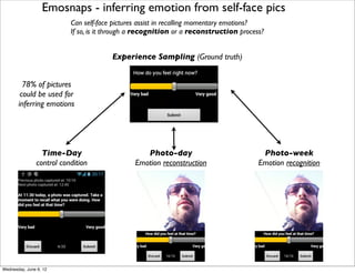 Emosnaps - inferring emotion from self-face pics
                          Can self-face pictures assist in recalling momentary emotions?
                          If so, is it through a recognition or a reconstruction process?


                                       Experience Sampling (Ground truth)


         78% of pictures
        could be used for
       inferring emotions




                 Time-Day                         Photo-day                             Photo-week
               control condition               Emotion reconstruction                  Emotion recognition




Wednesday, June 6, 12
 