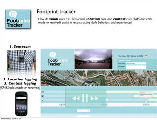 Footprint tracker
                          How do visual cues (i.e., Sensecam), location cues, and context cues (SMS and calls
                          made or received) assist in reconstructing daily behaviors and experiences?




         1. Sensecam




  2. Location logging
  3. Context logging
(SMS/calls made or received)




Wednesday, June 6, 12
 