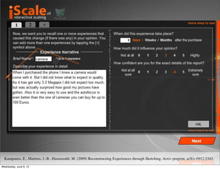 Karapanos, E., Martens, J.-B., Hassenzahl, M. (2009) Reconstructing Experiences through Sketching. Arxiv preprint, arXiv:0912.5343.

Wednesday, June 6, 12
 