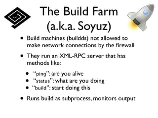 The Build Farm
        (a.k.a. Soyuz)
• Build machines (buildds) not allowed to
  make network connections by the ﬁrewall
• They run an XML-RPC server that has
  methods like:
  • “ping”: are you alive
  • “status”: what are you doing
  • “build”: start doing this
• Runs build as subprocess, monitors output
 