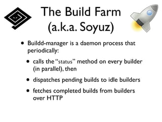 The Build Farm
        (a.k.a. Soyuz)
• Buildd-manager is a daemon process that
  periodically:
 • calls the “status” method on every builder
    (in parallel), then
 • dispatches pending builds to idle builders
 • fetches completed builds from builders
    over HTTP
 