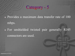 Category - 5Provides a maximum data transfer rate of 100 mbps.For unshielded twisted pair generally RJ45 connectors are used.Department of CE/IT