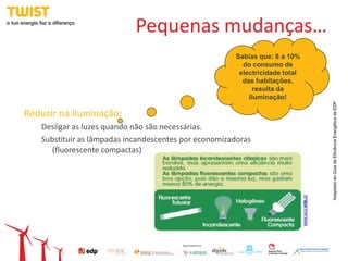 Pequenas mudanças…
                                                      Sabias que: 8 a 10%
                                                        do consumo de
                                                       electricidade total
                                                        das habitações,
                                                           resulta da
                                                          Iluminação!




                                                                                              Adaptado do Guia de Eficiência Energética da EDP
Reduzir na Iluminação:
   Desligar as luzes quando não são necessárias.
   Substituir as lâmpadas incandescentes por economizadoras
      (fluorescente compactas)




                                                                             www.eco.edp.pt
 