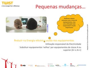 Pequenas mudanças…
                                                      Podemos reduzir
                                                  consumo com a troca de
                                                    equipamentos, mas
                                                    uma utilização mais




                                 www.eco.edp.pt




                                                                           Adaptado do Guia de Eficiência Energética da EDP
                                                    responsável é muito
                                                        importante!




Reduzir na Energia eléctrica usada nos equipamentos
                               Utilização responsável da Electricidade
    Substituir equipamentos ‘velhos’ por equipamentos de classe A ou
                                                  superior (A+ e A++)
 