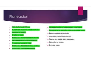 Planeación
1. Pitch de Twisted Difence
2. PLANEACIÓN DEL JUEGO CON MÁS DETALLÉ.
3. REVISIÓN DE VÍDEOS.
4. DISEÑO DE NIVEL.
5. PROGRAMAR EL MOVIMIENTO EN LA RUTA.
6. PROGRAMAR DETECCION DE ENEMIGOS.
7. Programar barra de vida.
8. PROGRAMAR MOVIMIENTO DE LA CAMARA.
9. PROGRAMAR ATAQUE DE ENEMIGOS.
10. IMPLEMENTACIÓN DE ANIMACIONES PRINCIPALES.
11. MODELOS 2D DE LAS BASES Y PERSONAJES DEL JUEGO
12. DESARROLLO DE ESCENARIOS.
13. DESARROLLO DE COMPLEMENTOS.
14. PRUEBA DEL JUEGO (CON PERSONAS).
15. CREACIÓN DE TORRES.
16. ENTREGA FINAL.
 