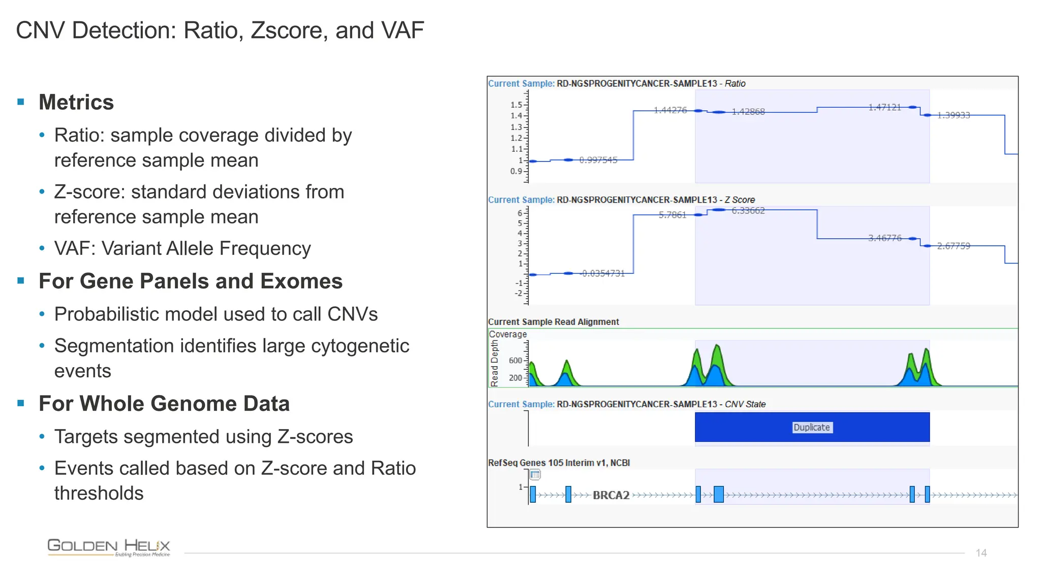 14
CNV Detection: Ratio, Zscore, and VAF
 Metrics
• Ratio: sample coverage divided by
reference sample mean
• Z-score: standard deviations from
reference sample mean
• VAF: Variant Allele Frequency
 For Gene Panels and Exomes
• Probabilistic model used to call CNVs
• Segmentation identifies large cytogenetic
events
 For Whole Genome Data
• Targets segmented using Z-scores
• Events called based on Z-score and Ratio
thresholds
 