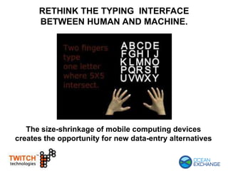 RETHINK THE TYPING INTERFACE
BETWEEN HUMAN AND MACHINE.
The size-shrinkage of mobile computing devices
creates the opportunity for new data-entry alternatives
 