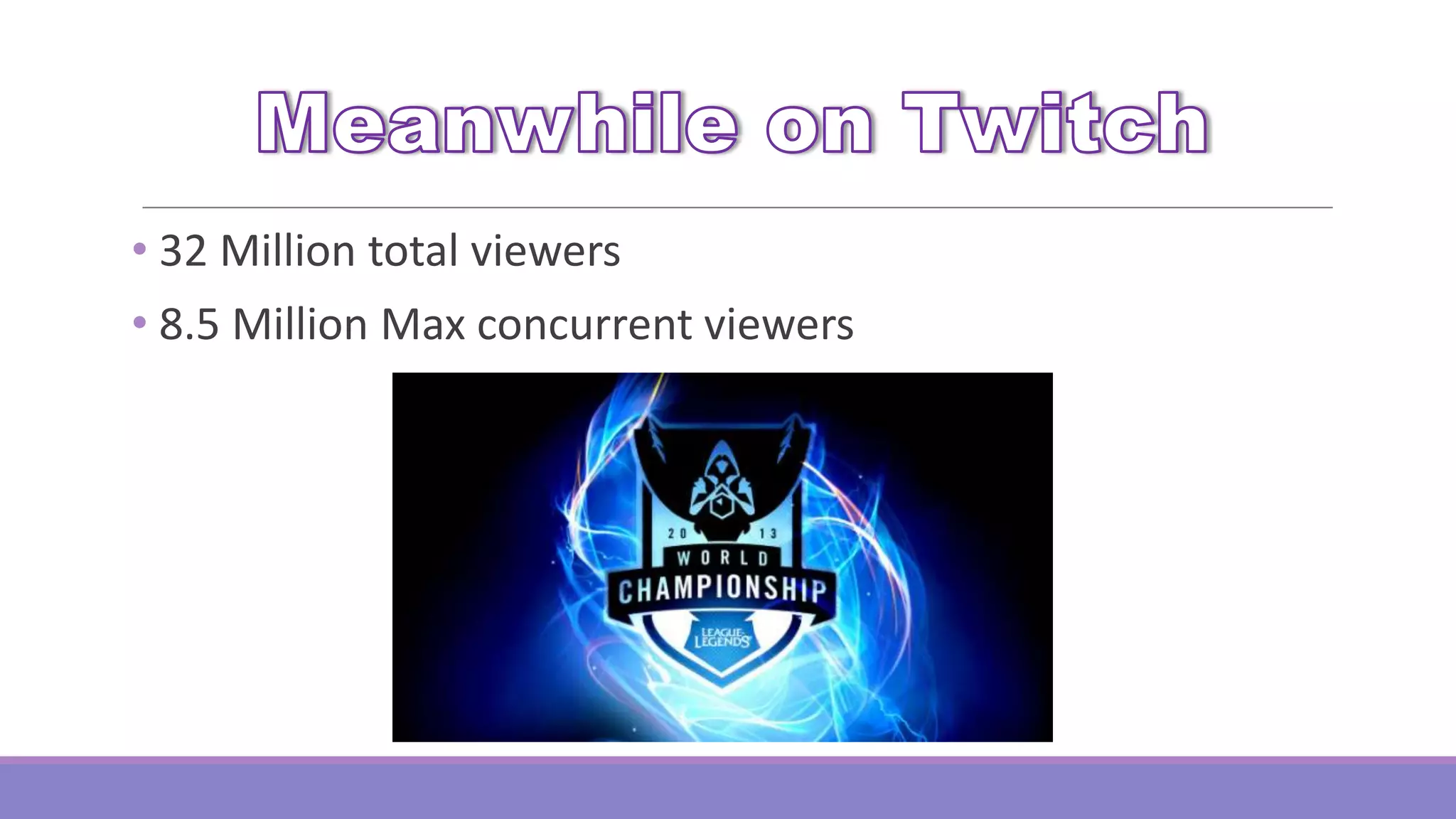 • 32 Million total viewers
• 8.5 Million Max concurrent viewers

 