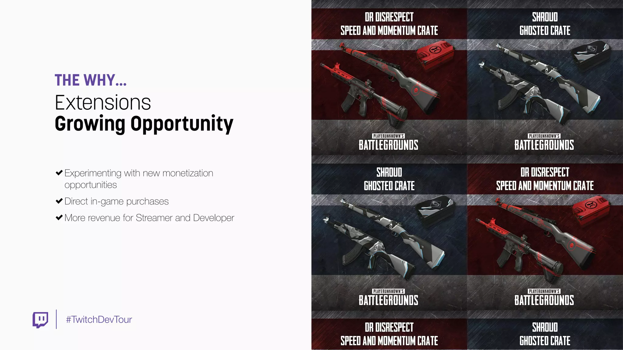 #TwitchDevTour
THE WHY…
Extensions
Growing Opportunity
Experimenting with new monetization
opportunities
Direct in-game purchases
More revenue for Streamer and Developer
 
