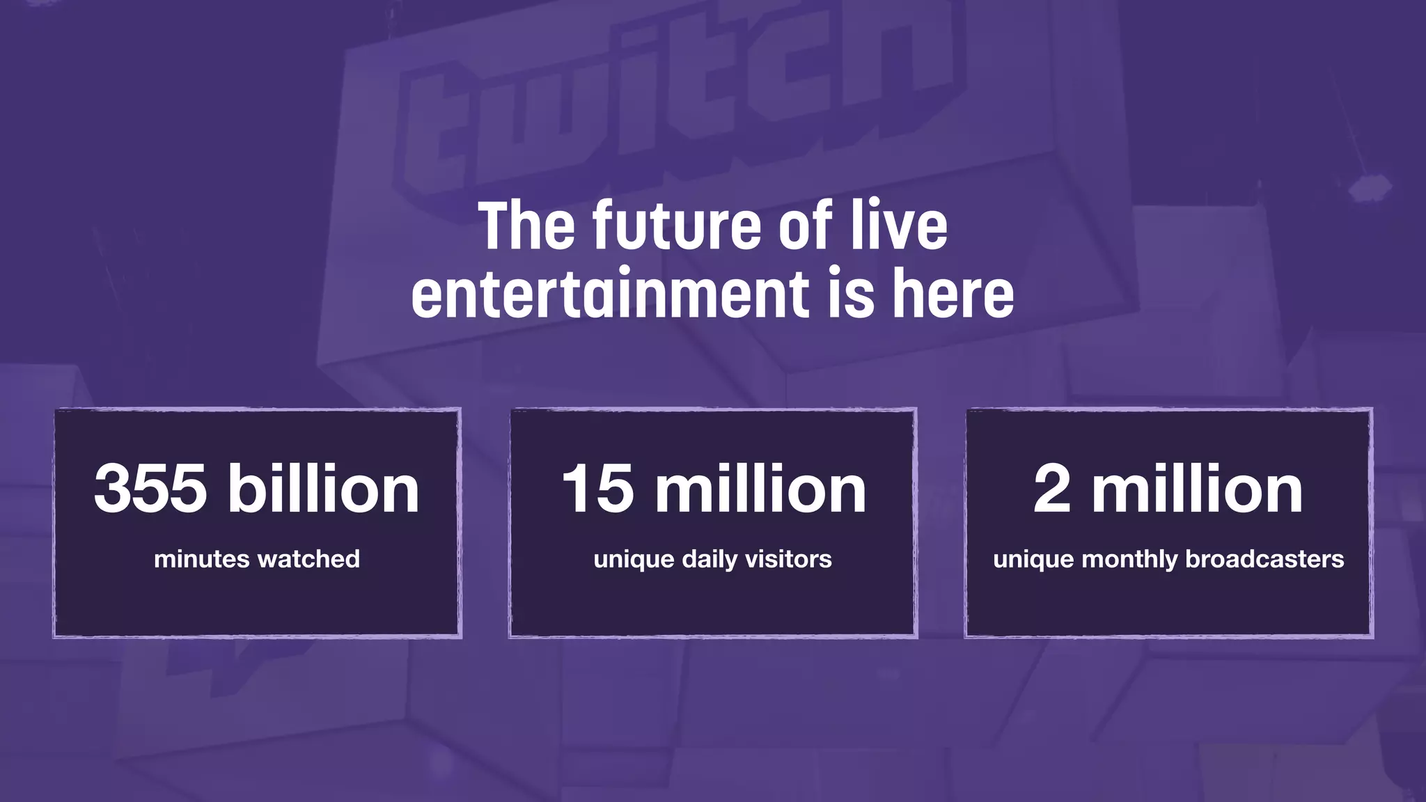 #TwitchDevTour
The future of live
entertainment is here
355 billion 15 million 2 million
minutes watched unique daily visitors unique monthly broadcasters
 