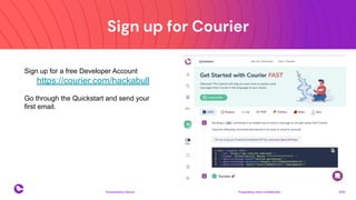 Sign up for Courier
Proprietary and confidential 2021
Presentation Name
14
Sign up for a free Developer Account
https://courier.com/hackabull
Go through the Quickstart and send your
first email.
 