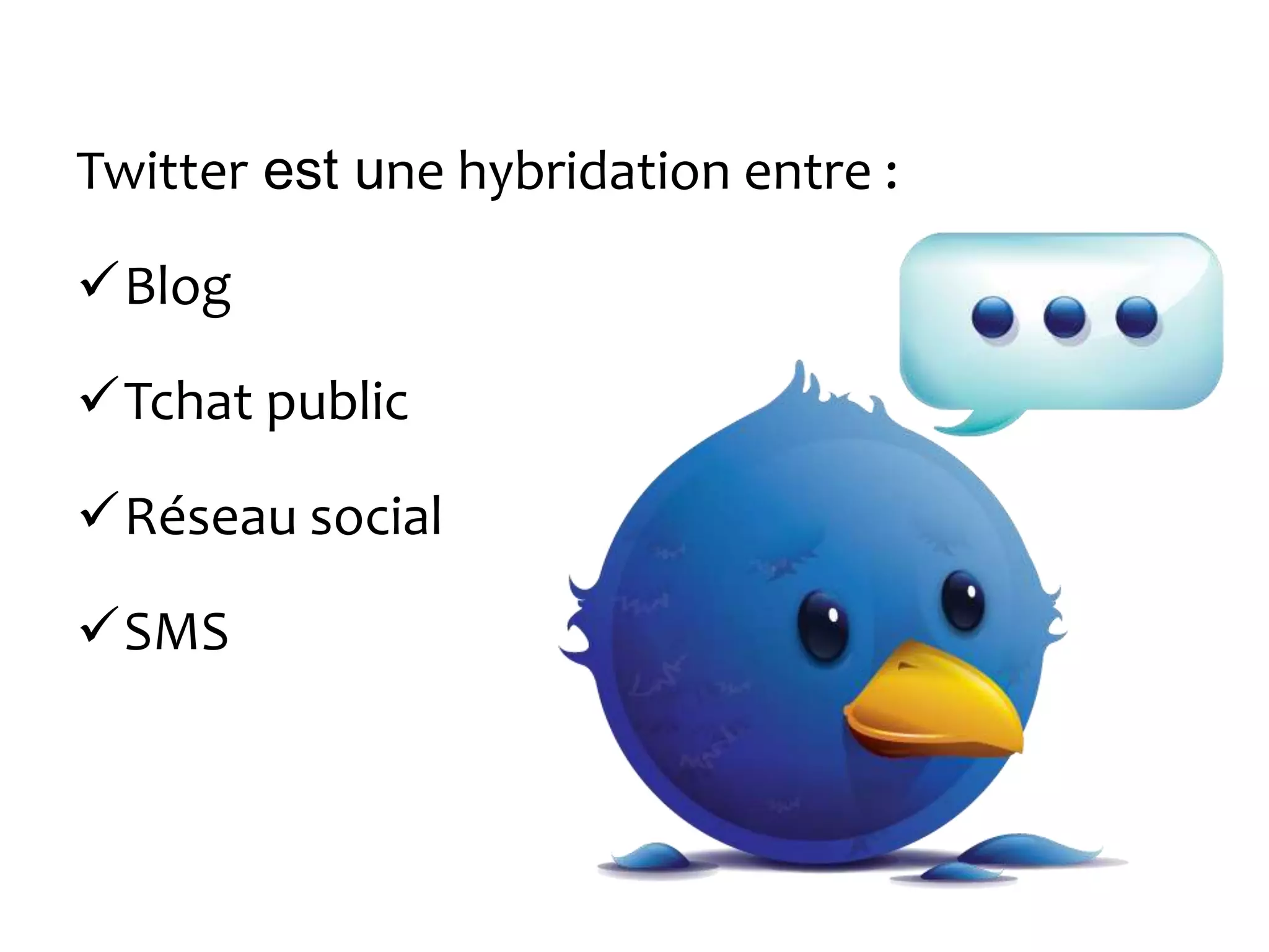 Twitter est une hybridation entre :
Blog
Tchat public
Réseau social
SMS
 