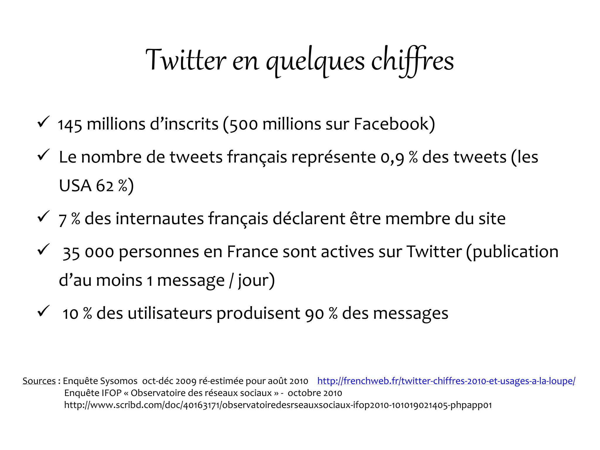 Twitter en quelques chiffres
 145 millions d’inscrits (500 millions sur Facebook)
 Le nombre de tweets français représente 0,9 % des tweets (les
USA 62 %)
 7 % des internautes français déclarent être membre du site
 35 000 personnes en France sont actives sur Twitter (publication
d’au moins 1 message / jour)
 10 % des utilisateurs produisent 90 % des messages
Sources : Enquête Sysomos oct-déc 2009 ré-estimée pour août 2010 http://frenchweb.fr/twitter-chiffres-2010-et-usages-a-la-loupe/
Enquête IFOP « Observatoire des réseaux sociaux » - octobre 2010
http://www.scribd.com/doc/40163171/observatoiredesrseauxsociaux-ifop2010-101019021405-phpapp01
 
