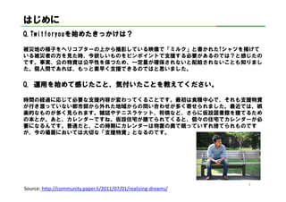 はじめに
Q.Twitforyouを めたきっかけは？
Q.Twitforyouを始めたきっかけは？

被災地の様子をヘリコプターの上から撮影している映像で「ミルク」と書かれたTシャツを掲げて
いる被災者の方を見た時、今欲しいものをピンポイントで支援する必要があるのでは？と感じたの
です。事実、公の物資は公平性を保つため、一定量が確保されないと配給されないことも知りまし
た。個人間であれば、もっと素早く支援できるのではと思いました。

Q. 運用を始めて感じたこと、気付いたことを教えてください。
   運用を めて感じたこと、気付いたことを えてください
                 いたことを教

時間の経過に応じて必要な支援内容が変わってくることです。最初は食糧中心で、それも支援物資
が行き渡っていない都市部から外れた地域からの問い合わせが多く寄せられました。最近では、娯
楽的なものが多く見られます。雑誌やテニスラケット、将棋など、さらに仮設図書館を建てるため
の本とか。あと、カレンダーですね。仮設住宅が建てられてくると、個々の住宅でカレンダーが必
要になるんです。普通だと、この時期にカレンダーは物置の奥で眠っていずれ捨てられものです
が、今の場面においては大切な「支援物資」となるのです。




                                                                 3
Source: http://community.paper.li/2011/07/01/realizing-dreams/
 