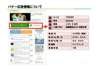 バナー広告情報について
 ナー広告情報について
   広告情報


              原   サイズ        728x90

              稿   形式         GIFのみ
                  容量         ２０K
                             ２０K B 以内
              規
                  入稿〆
                  入稿〆切り      掲載開始日の
                             掲載開始日の5 営業日前
              定
              価 格/ 月             ３０万円（税別）
                                 ３０万円（税別）
                                   万円
              想 定 imp 数 /月       ２００，
                                 ２００，０００
              想 定 UU 数 /月        ４０，
                                 ４０，０００
              掲 載面               トップページ
              掲載枠数               １枠




                                          5
 