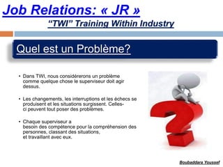 Job Relations: « JR »
Quel est un Problème?
• Dans TWI, nous considérerons un problème
comme quelque chose le superviseur doit agir
dessus.
• Les changements, les interruptions et les échecs se
produisent et les situations surgissent. Celles-
ci peuvent tout poser des problèmes.
• Chaque superviseur a
besoin des compétence pour la compréhension des
personnes, classant des situations,
et travaillant avec eux.
“TWI” Training Within Industry
Boubaddara Youssef
 