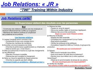 Job Relations carte:
Un Superviseur obtient des résultats avec les personnes
But:
- Construisez des relations positives avec les employés en
résolvant effectivement les conflits qui surgissent.
- Maintenez les relations positives en empêchant
des problèmes de se produire.
1- Obtenez les faits:
- Passez en revue le rapport.
- Découvrez quelles règles et coutumes s’appliquent.
- Obtenez des avis et des sentiments.
Soyez sur pour avoir l’histoire entière
2- Mesurez et décidez:
- Adaptez les faits ensemble.
- Considérez leur comportement l’un sur l’autre.
- Quel actions possibles?
- Vérifiez les pratiques et les politiques.
- Considérez l’objectif et l’effet sur l’individu, le groupe et la
production.
Ne sautez pas aux conclusions!!!
3- Agissez:
- Allez-vous le manipuler vous-même.
- Avez-vous besoin de l’aide dans le traitement?
- Devriez-vous vous référer ceci à votre supérieur
hiérarchique?
- Observez la synchronisation de temps de vos actions.
Ne vous soustrayez pas à la responsabilité!!!
4- Vérifiez les résultats:
Vos actions a-t-elles aidés la production et la qualité???
Les bonnes relations
1- Laissez l’employé savoir comment il fait:
- Comprendre ce que vous comptez de lui.
- Précisez les manières de s’améliorer.
2- Accordez une reconnaissance de mérite:
- Cherchez la performance supplémentaire ou inhabituelle.
- Dites-lui tandis que « C’est chaud ».
3- Dites aux personnes à l’avance au sujet des changements
qui les affecteront:
- Dites-leur Pourquoi si possible.
- Obtenez-les pour accepter le changement.
4- Gérez au mieux la capacité de chaque personne:
- Cherchez la capacité pas étant utilisée.
Comment traité un problème « Marqué un but »:
“TWI” Training Within Industry
Boubaddara Youssef
Job Relations: « JR »
 