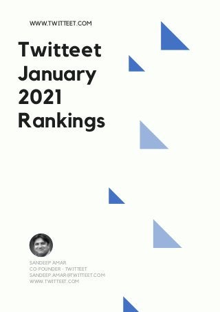 Twitteet
January
2021
Rankings
WWW.TWITTEET.COM
SANDEEP AMAR
CO-FOUNDER - TWITTEET
SANDEEP.AMAR@TWITTEET.COM
WWW.TWITTEET.COM
 