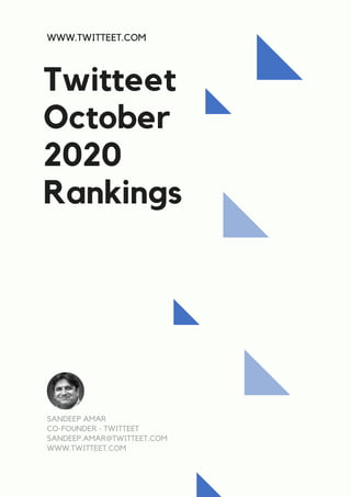 Twitteet
October
2020
Rankings
WWW.TWITTEET.COM
SANDEEP AMAR
CO-FOUNDER - TWITTEET
SANDEEP.AMAR@TWITTEET.COM
WWW.TWITTEET.COM
 