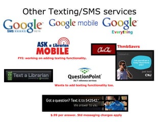 Other Texting/SMS services E v e r y t h i n g FYI: working on adding texting functionality. ThmbSavrs  Wants to add texting functionality too. $.99 per answer. Std messaging charges apply 