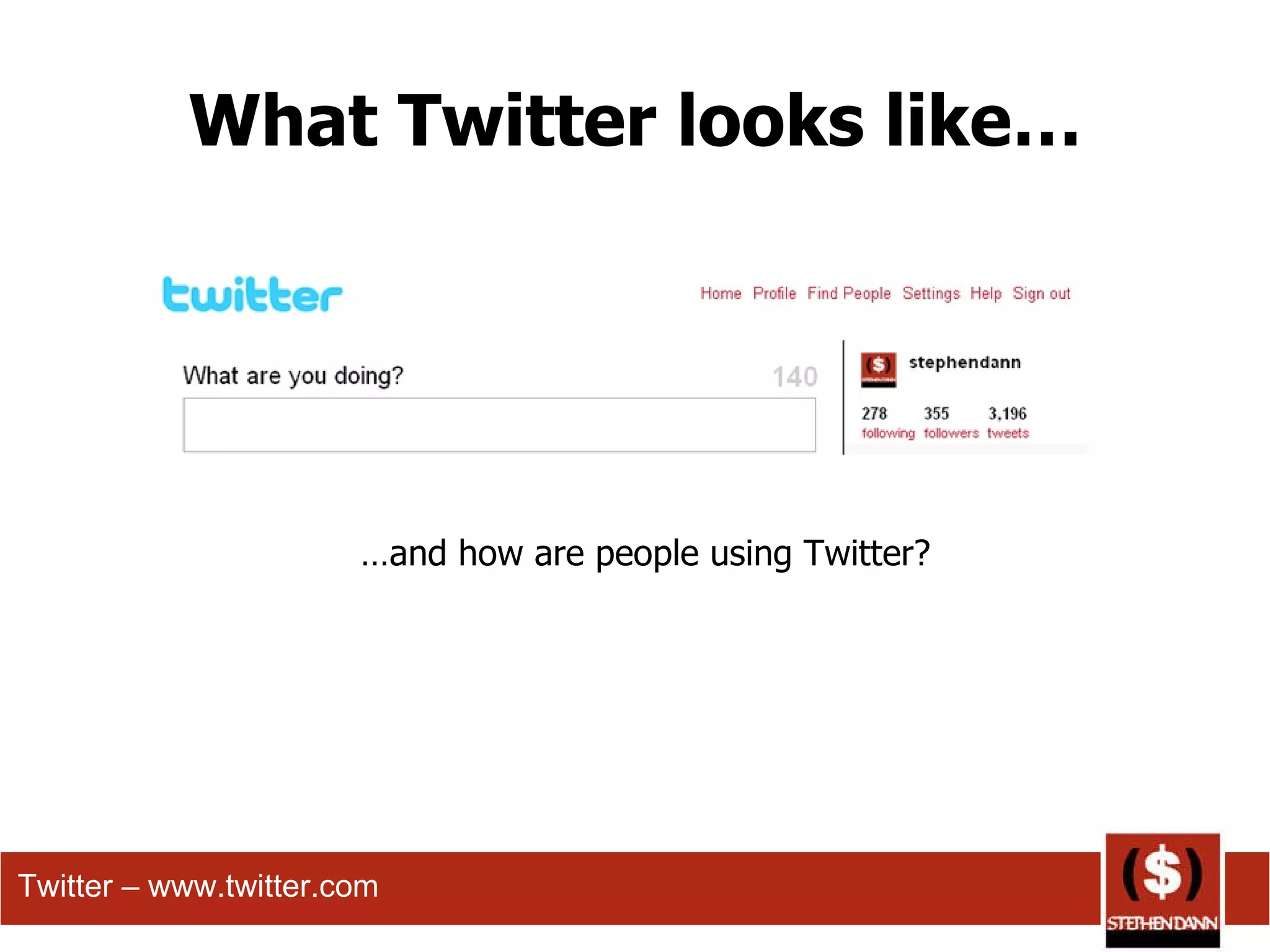 What Twitter looks like… … and how are people using Twitter? Twitter – www.twitter.com 