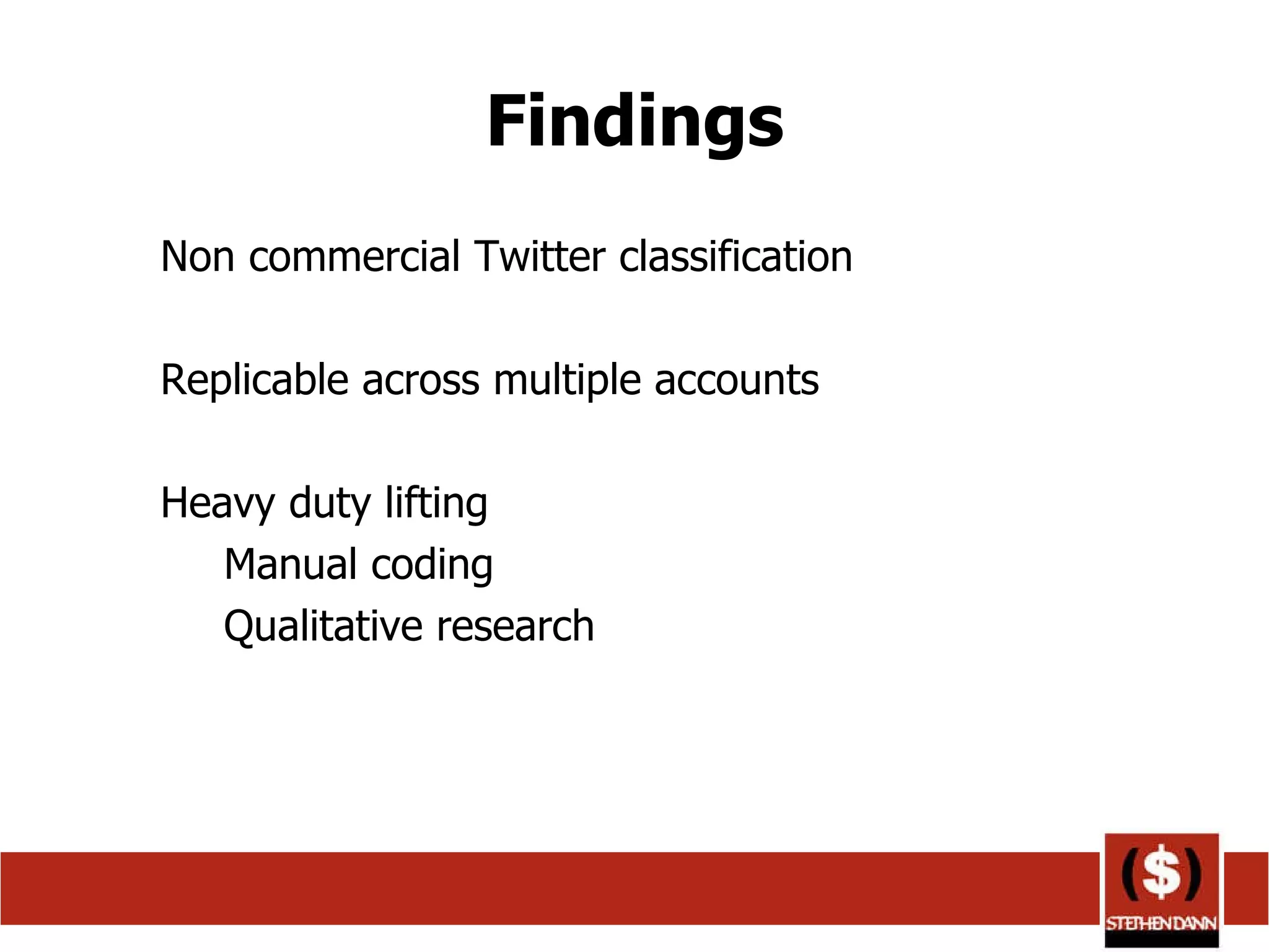 Findings Non commercial Twitter classification Replicable across multiple accounts Heavy duty lifting Manual coding Qualitative research 