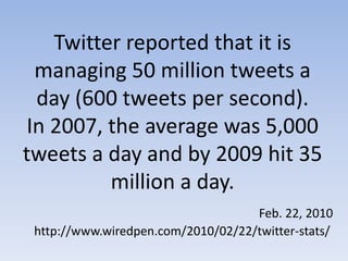 Twitter reported that it is managing 50 million tweets a day (600 tweets per second).      In 2007, the average was 5,000 tweets a day and by 2009 hit 35 million a day.Feb. 22, 2010http://www.wiredpen.com/2010/02/22/twitter-stats/