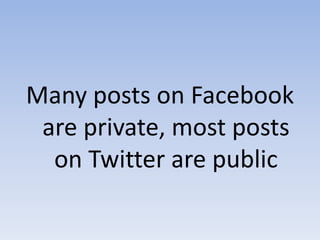 Many posts on Facebook  are private, most posts      on Twitter are public