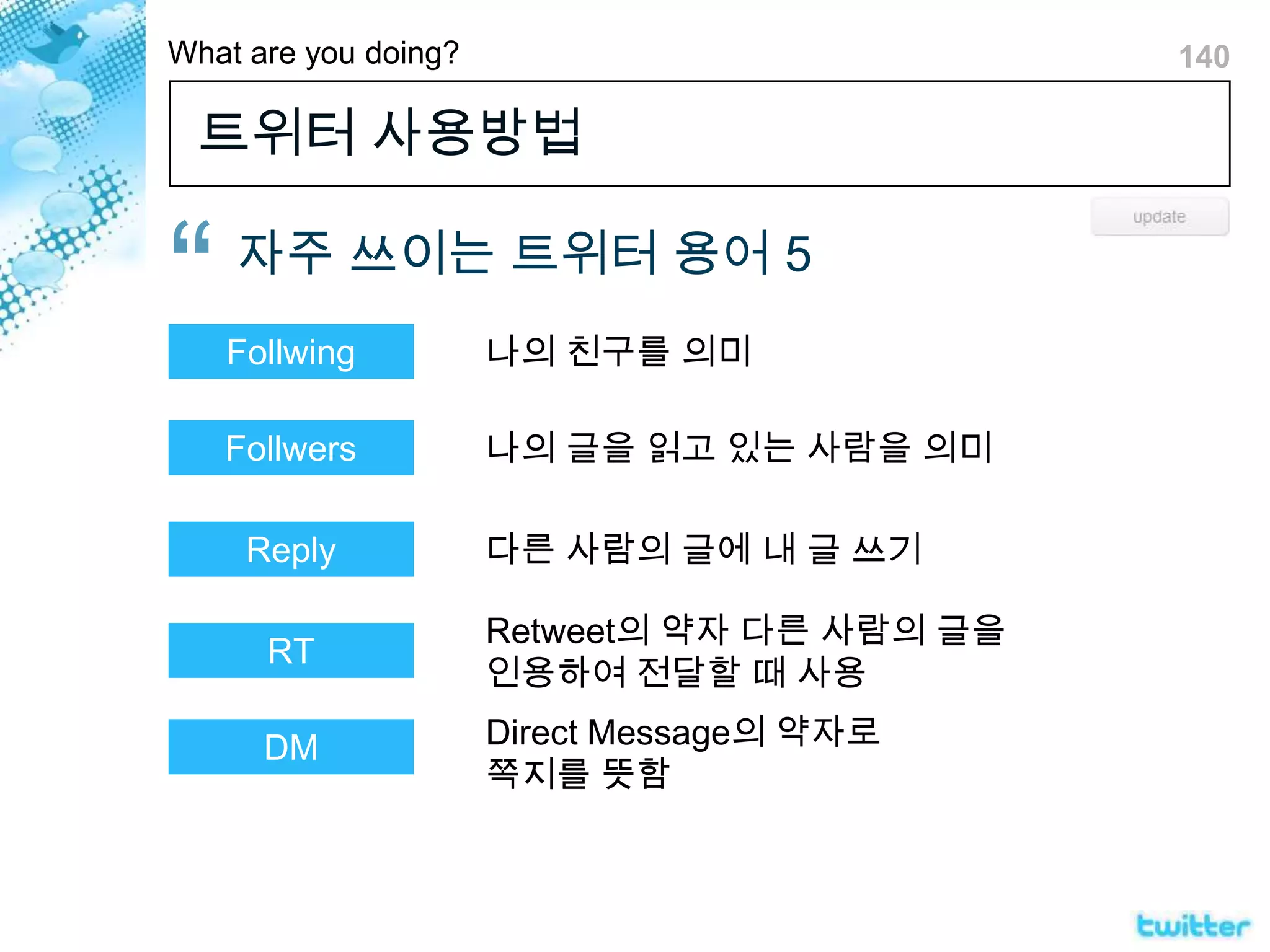 트위터 사용방법 자주 쓰이는 트위터 용어 5Follwing나의 친구를 의미 Follwers나의 글을 읽고 있는 사람을 의미Reply다른 사람의 글에 내 글 쓰기Retweet의 약자 다른 사람의 글을 인용하여 전달할 때 사용RTDirect Message의 약자로 쪽지를 뜻함DM