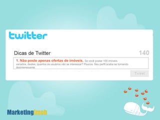 1. Não poste apenas ofertas de imóveis. Se você postar 100 imóveis variados, destes, quantos os usuários vão se interessar? Poucos. Seu perfil acaba se tornando desinteressante.