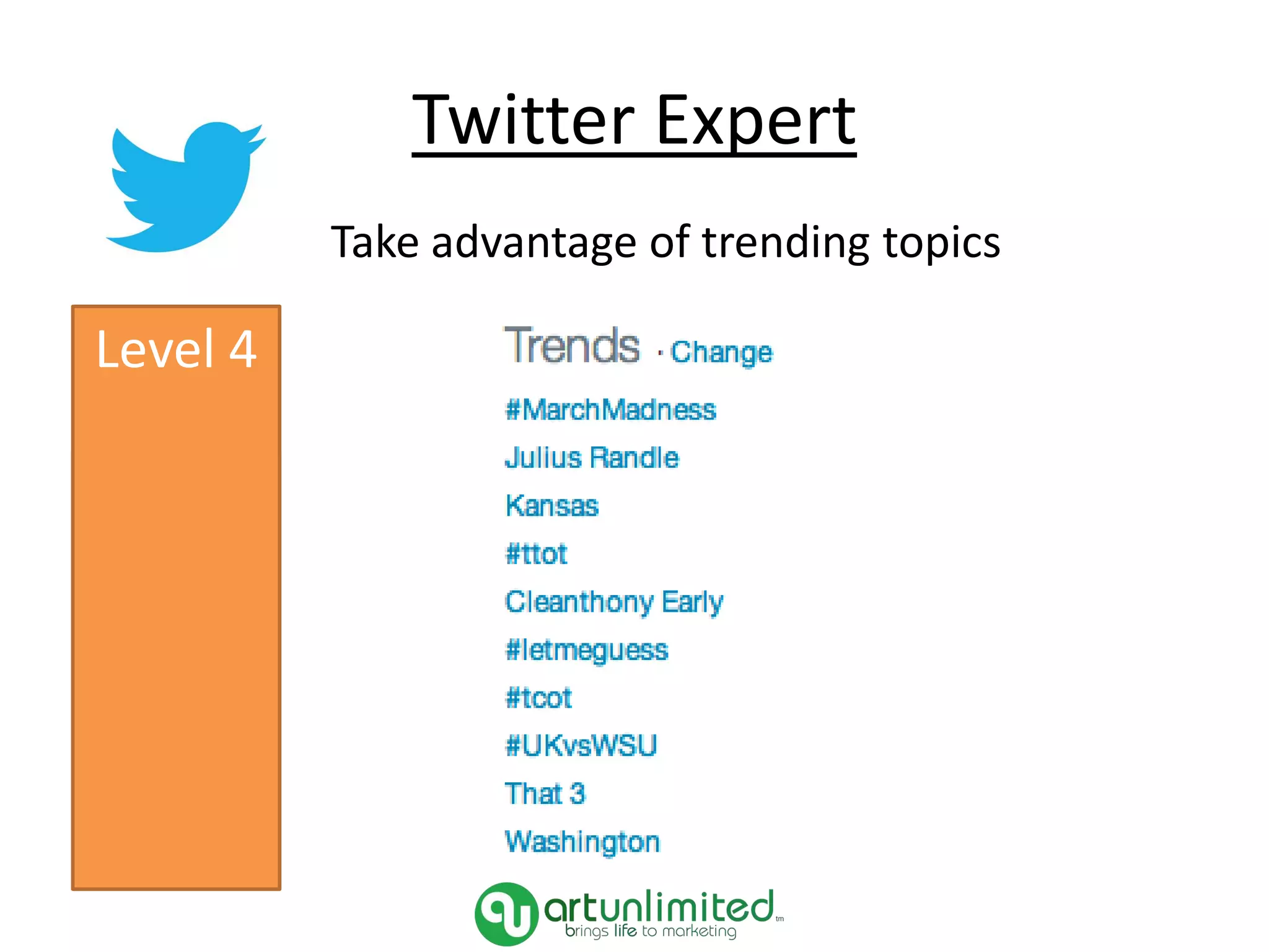 Twitter Expert
Take advantage of trending topics
Level 4
 