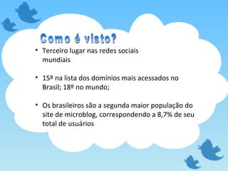 Terceiro lugar nas redes sociais mundiais 15º na lista dos domínios mais acessados no Brasil; 18º no mundo; Os brasileiros são a segunda maior população do site de microblog, correspondendo a 8,7% de seu total de usuários Como é visto? 